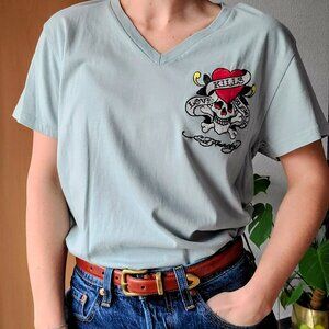 Ed Hardy "Love Kills Slowly" Blue V-Neck Embroidered Tee Small - New with tags
